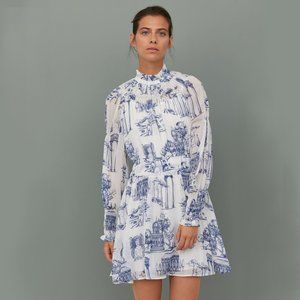 White & Blue Chiffon Patterned Dress with Smocking